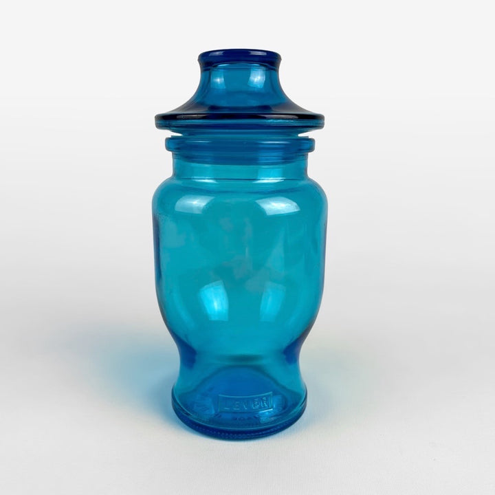 3 bocaux publicitaires en verre bleu moulé années 70