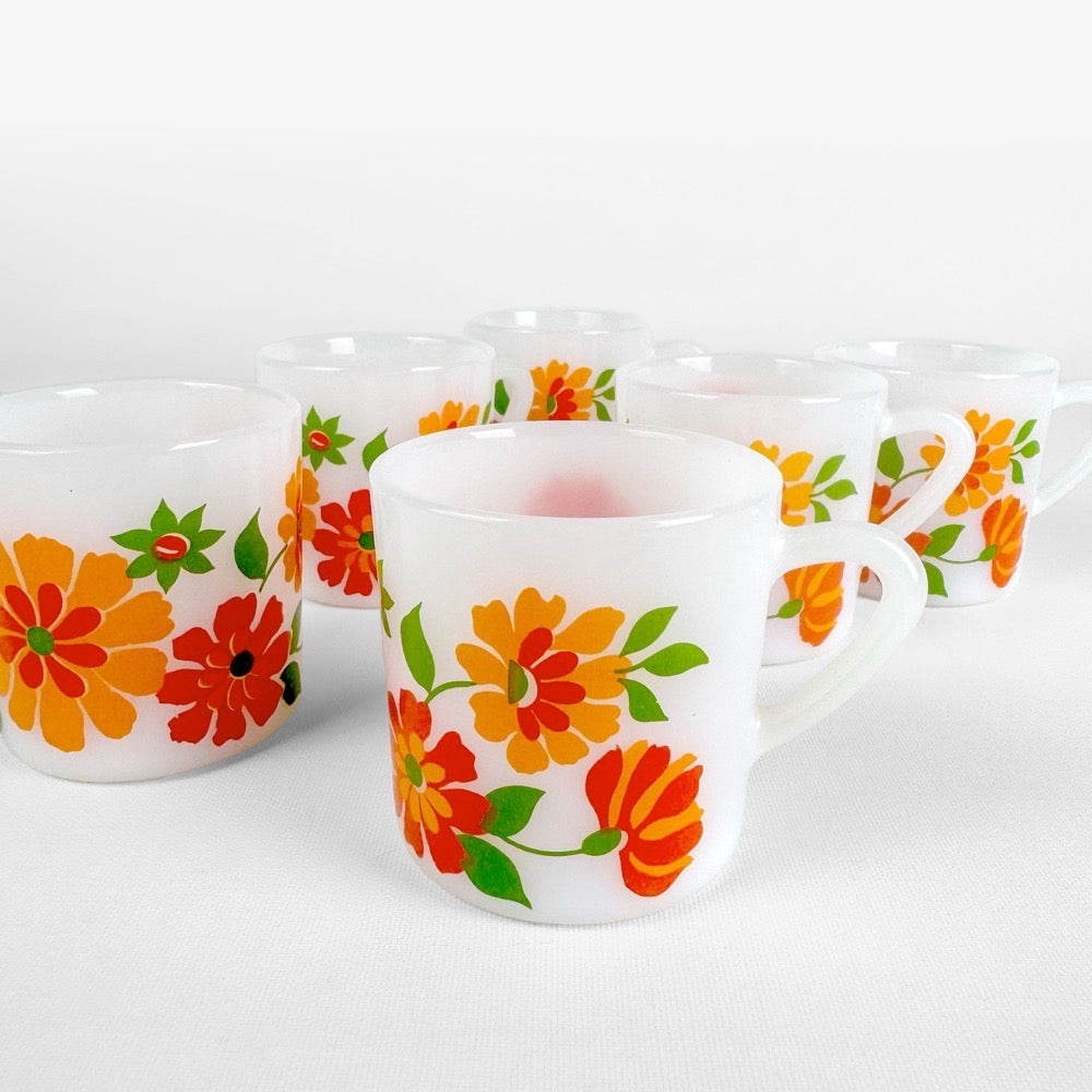 Lot De 6 Tasses à Café Arcopal Vintage – Motif Fleurs Orange – Verre Opale
