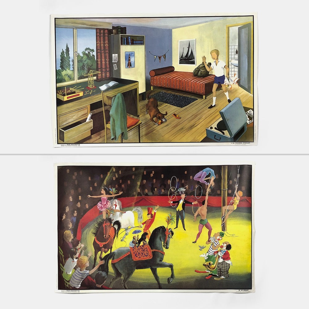 Affiche Scolaire Vintage Ogé Hachette N°32 Le Cirque Et N°1 La Chambre D'enfant - Années 60