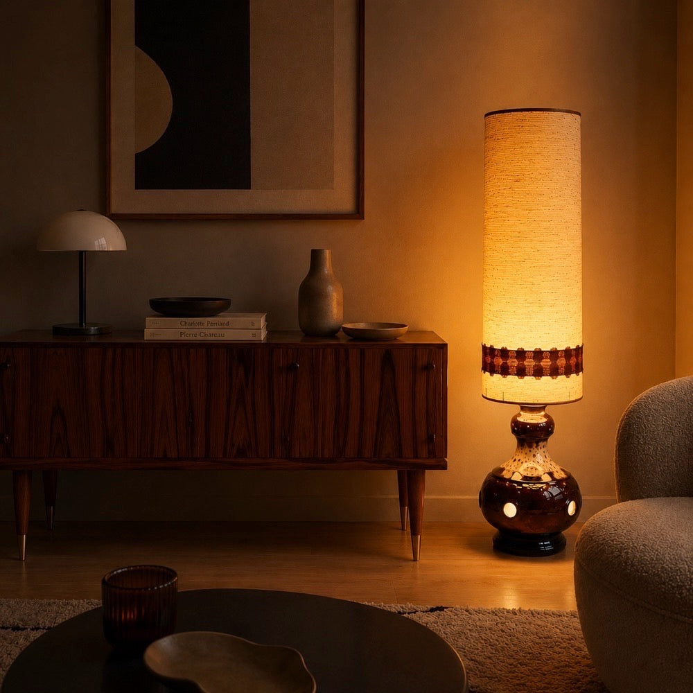 Lampe de sol céramique et toile de jute années 70