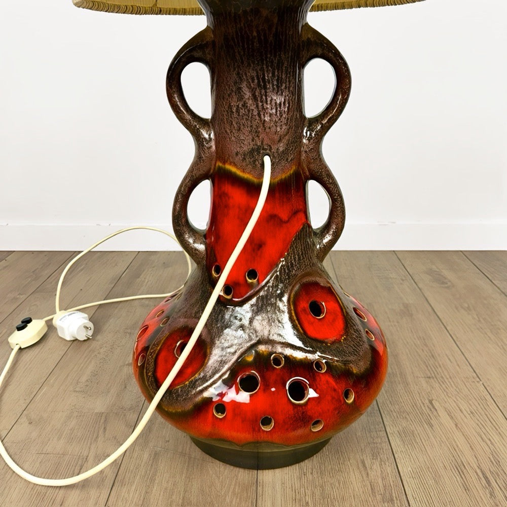 Lampe de sol céramique orange et toile de jute années 70