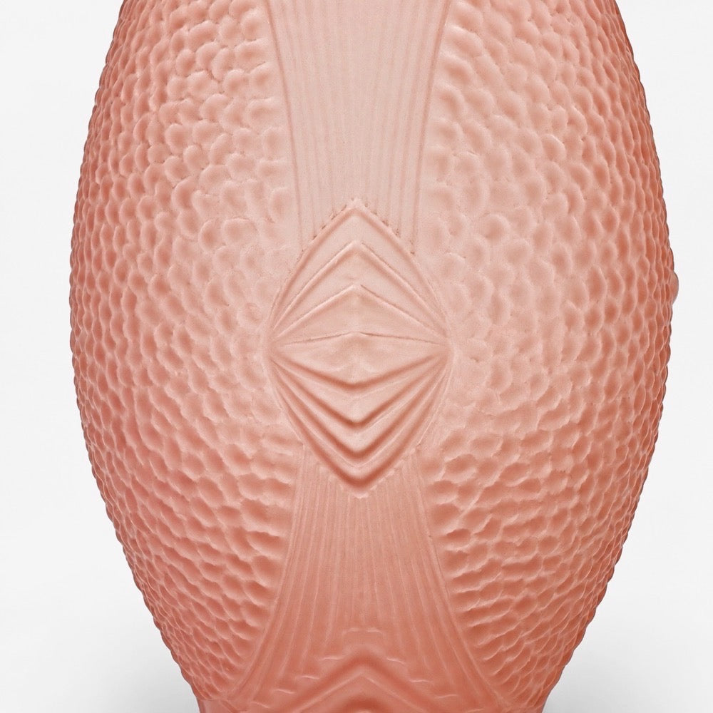 Vase Art Déco verre pressé moulé rose décor géométrique