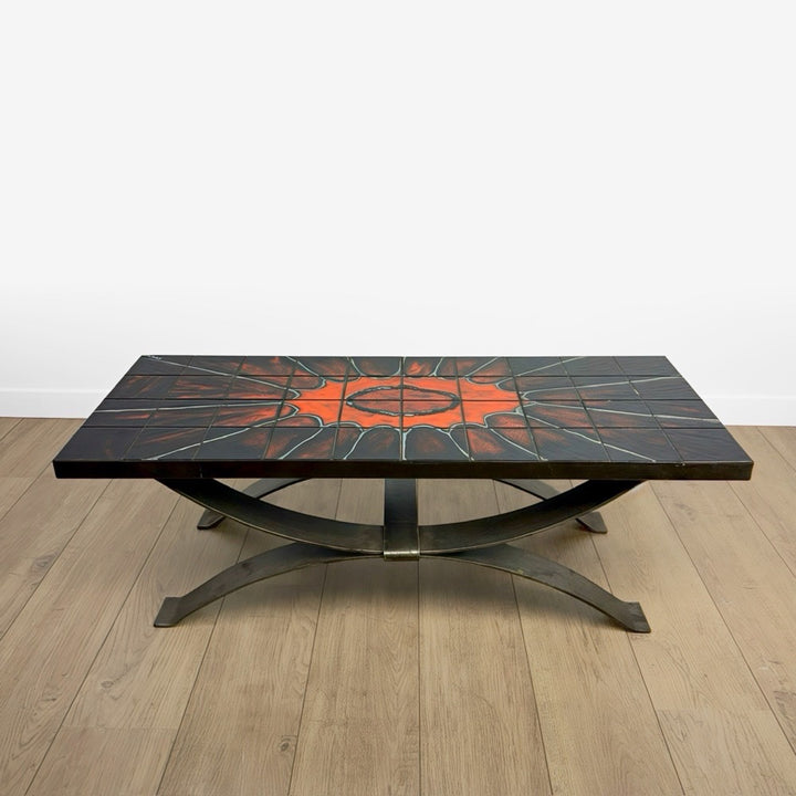 Table basse Ferlor International acier brossé et céramique années 70