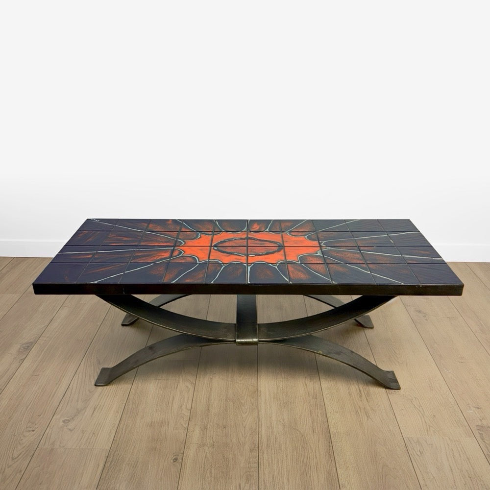 Table basse Ferlor International acier brossé et céramique années 70