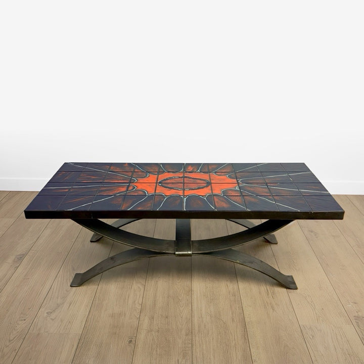 Table basse Ferlor International acier brossé et céramique années 70