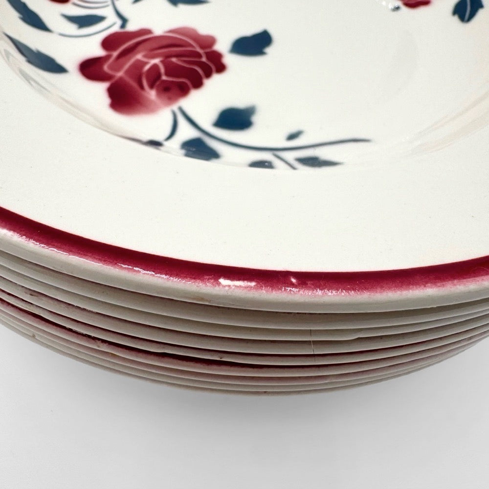 9 assiettes à soupe Badonviller modèle "Les Roses" années 50