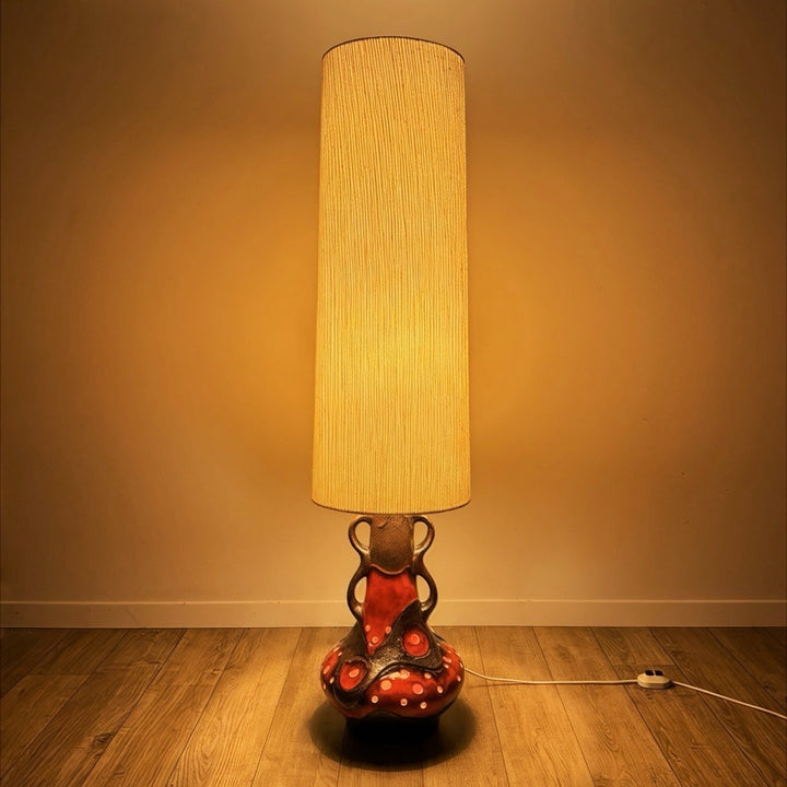 Lampe de sol céramique orange et toile de jute années 70