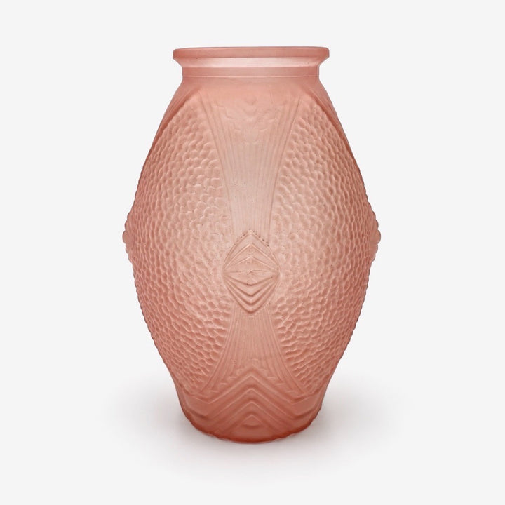 Vase Art Déco verre pressé moulé rose décor géométrique