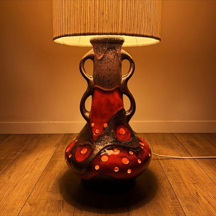 Lampe de sol céramique orange et toile de jute années 70