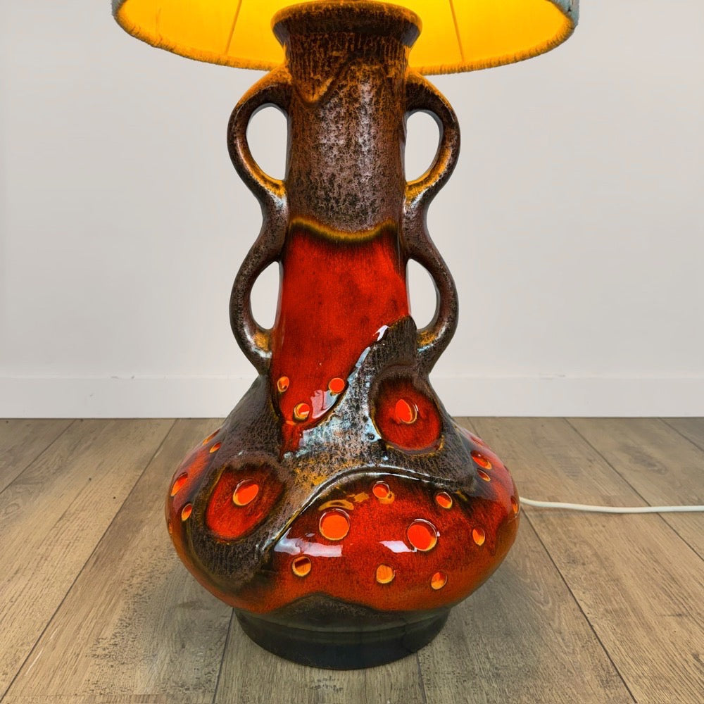 Lampe de sol céramique orange et toile de jute années 70