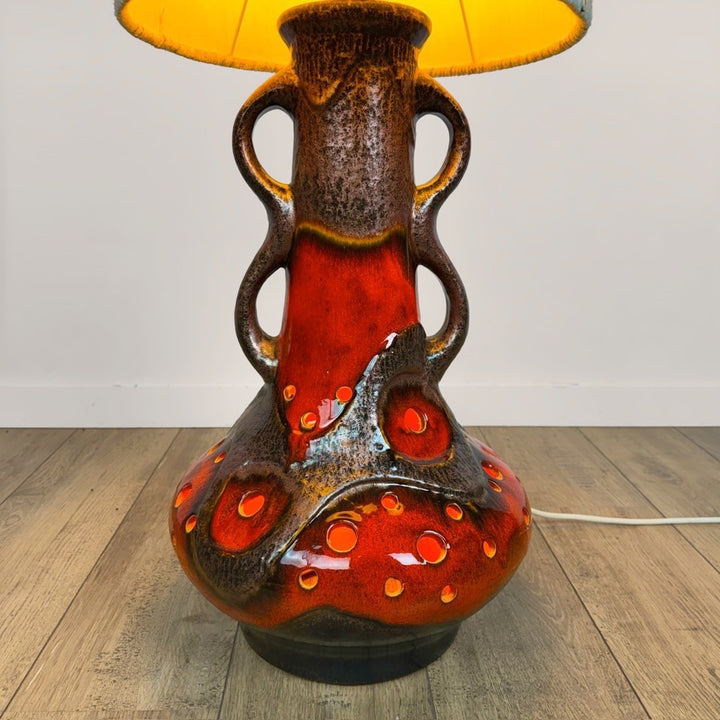 Lampe de sol céramique orange et toile de jute années 70