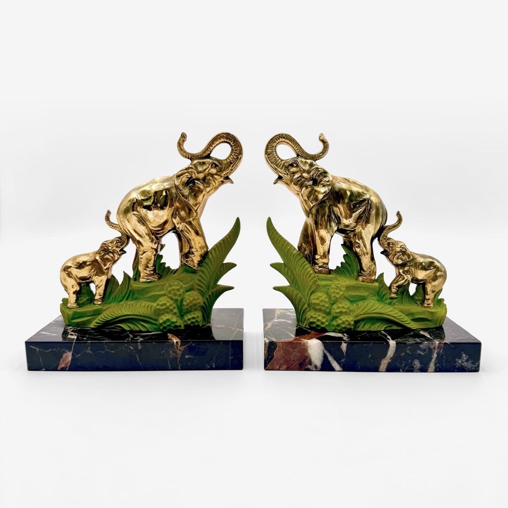 Serre-livres Art Déco éléphants laiton et marbre