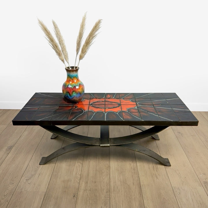 Table basse Ferlor International acier brossé et céramique années 70