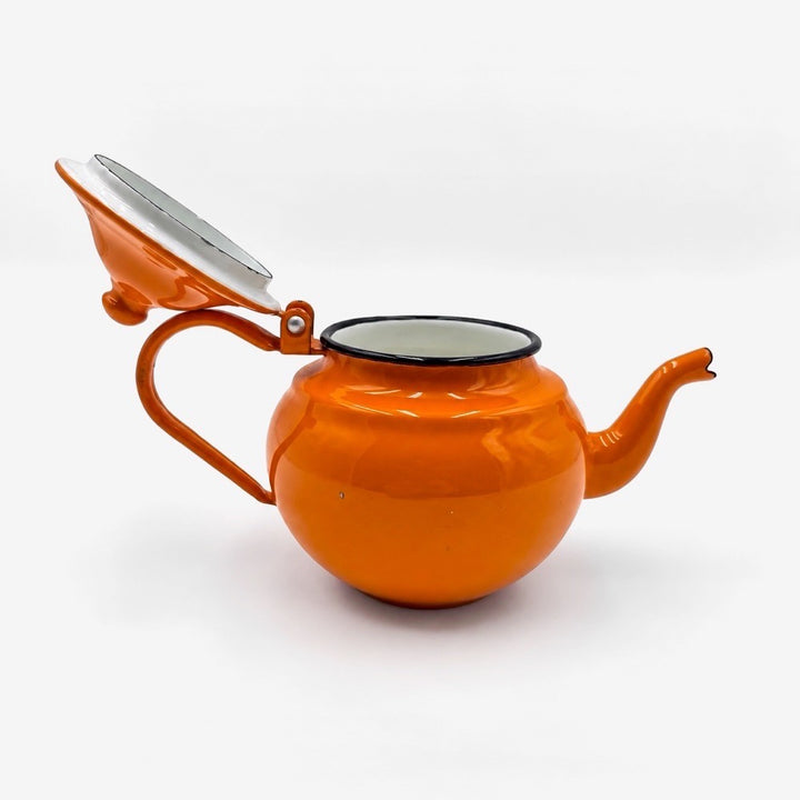 Petite théière Japy en tôle émaillée orange années 70