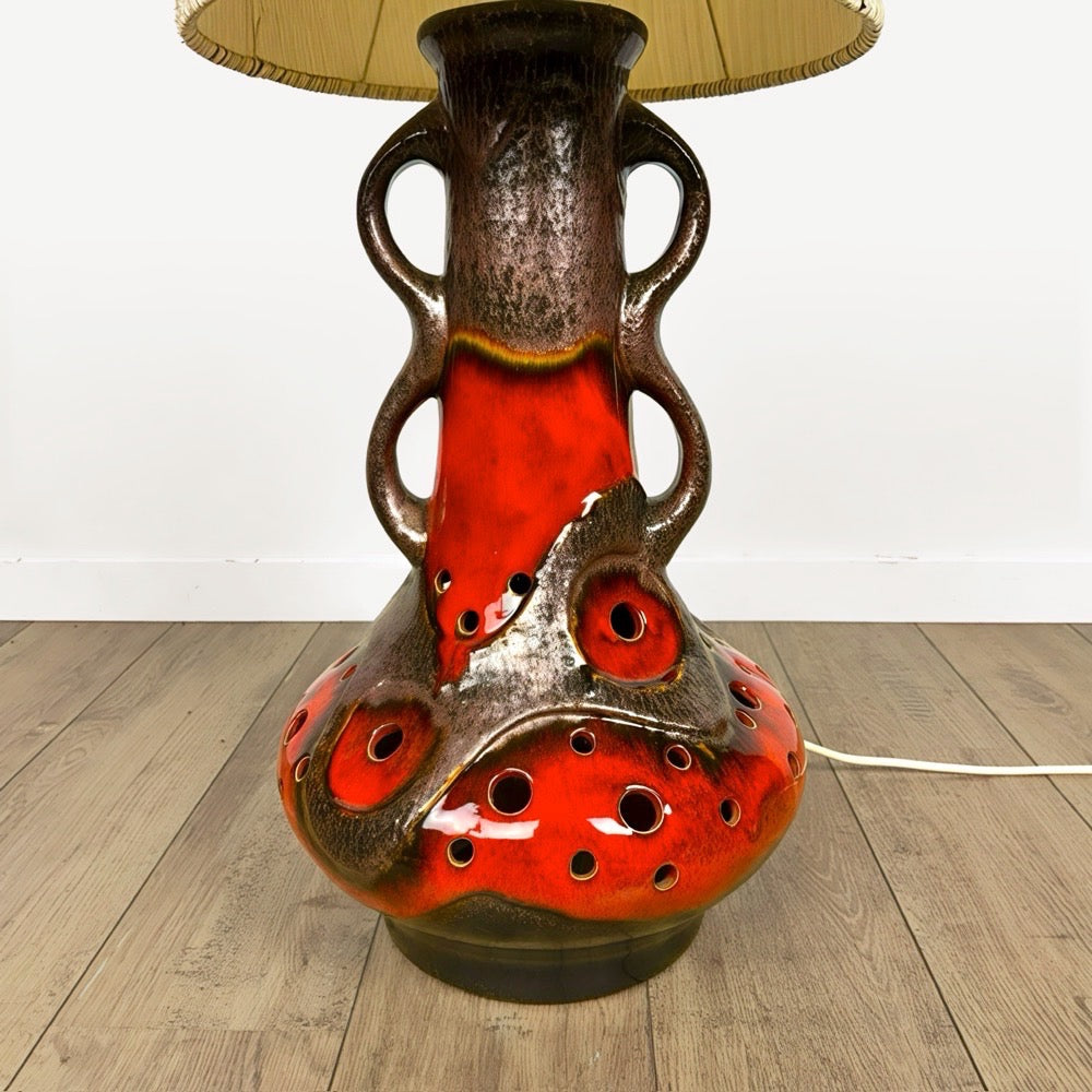 Lampe de sol céramique orange et toile de jute années 70