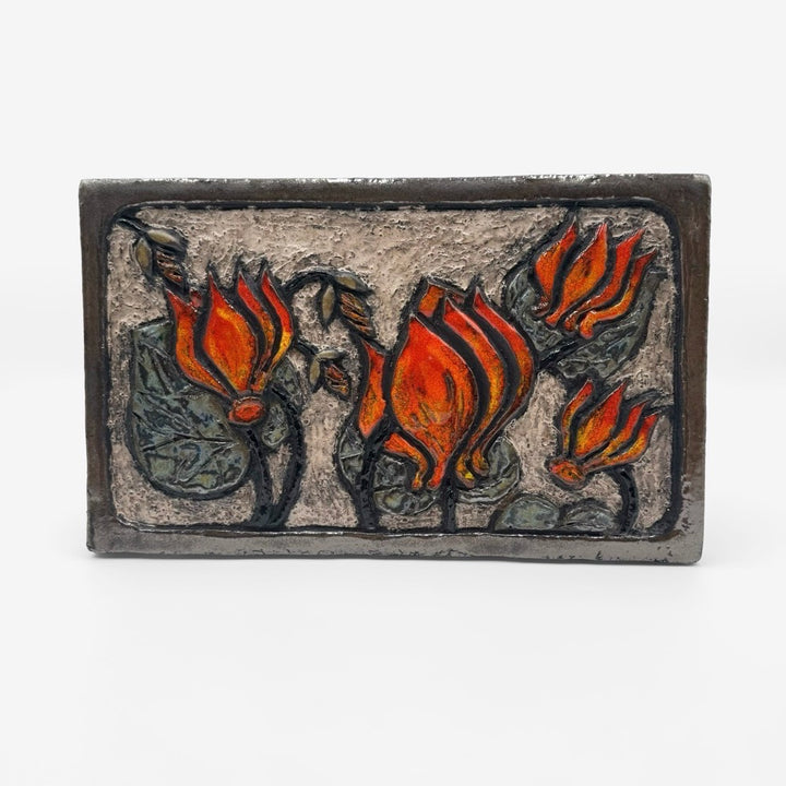 Plaque décorative émaillée décor floral années 70