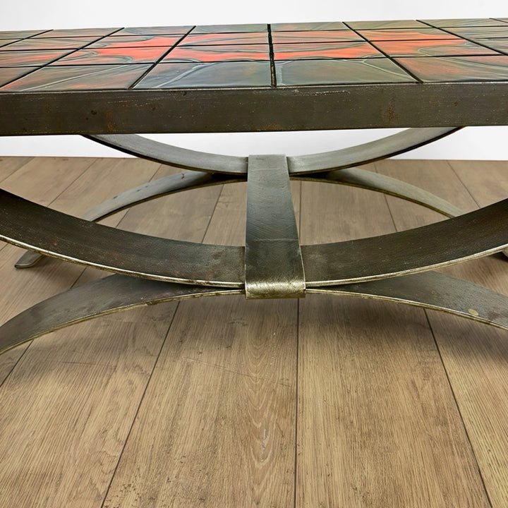 Table basse Ferlor International acier brossé et céramique années 70