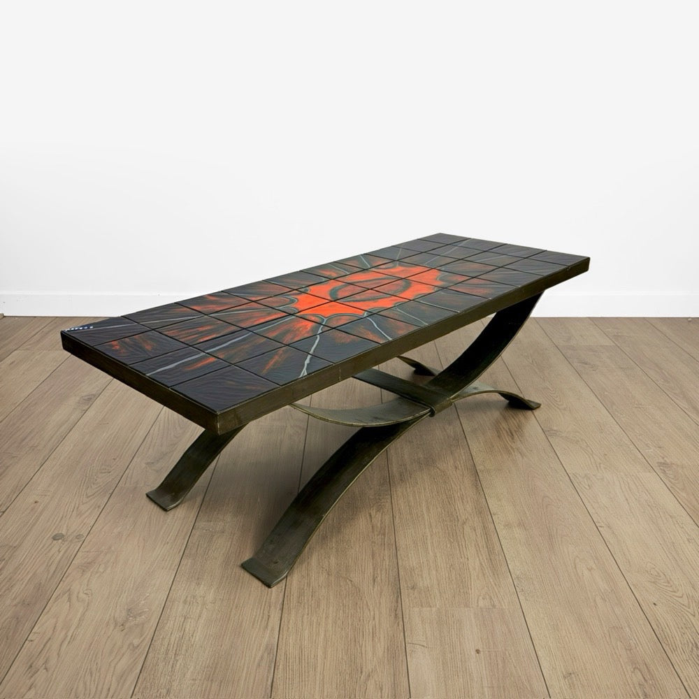 Table basse Ferlor International acier brossé et céramique années 70
