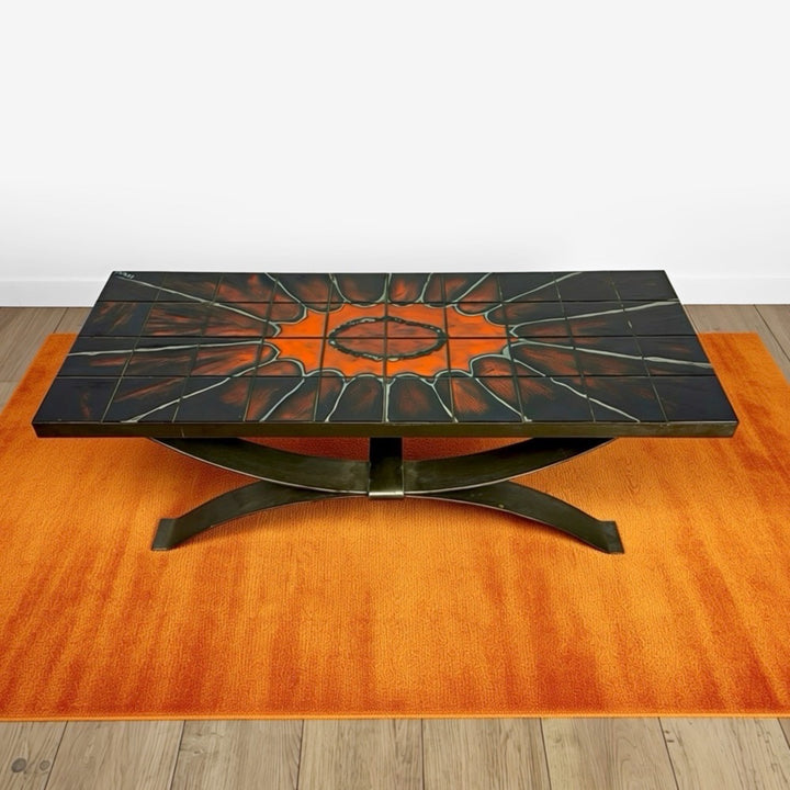 Table basse Ferlor International acier brossé et céramique années 70