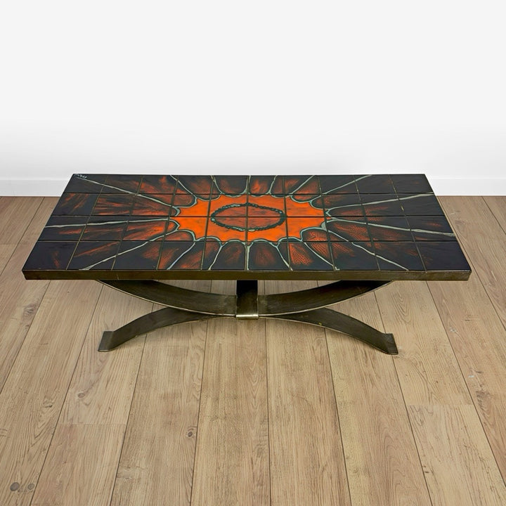 Table basse Ferlor International acier brossé et céramique années 70