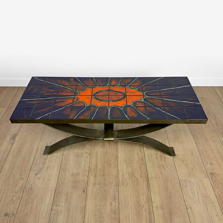 Table basse Ferlor International acier brossé et céramique années 70