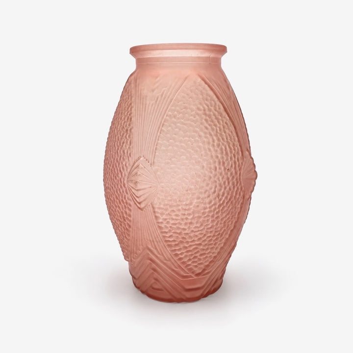 Vase Art Déco verre pressé moulé rose décor géométrique