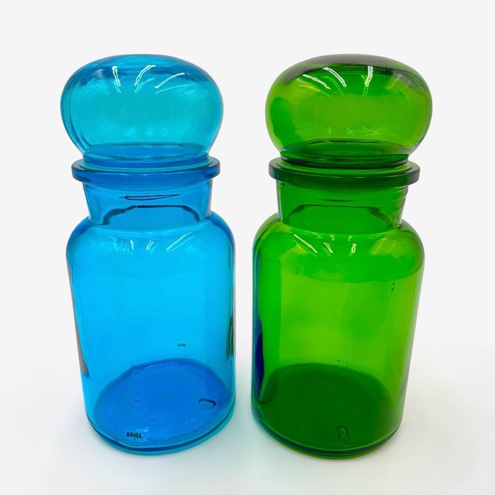 Bocaux publicitaires en verre moulé bleu et vert années 70