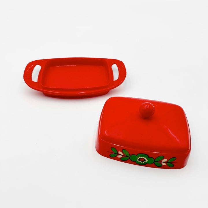 Beurrier Emsa rouge décor floral années 70