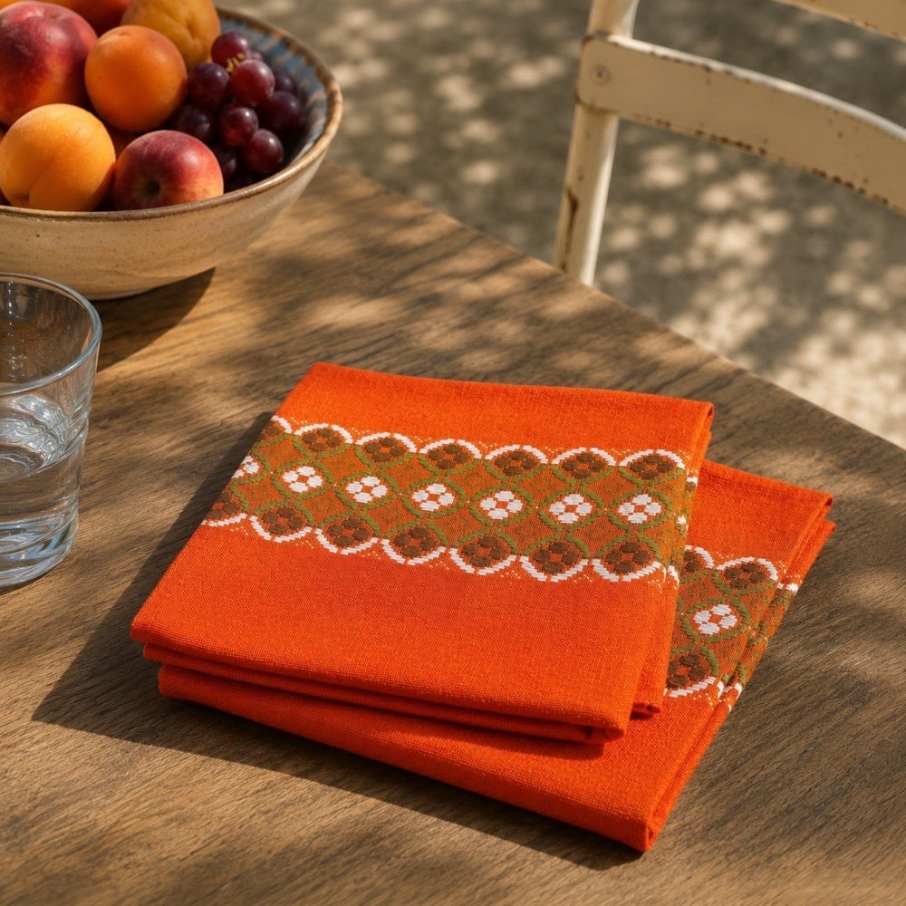 Duo de serviettes tissu orange années 70