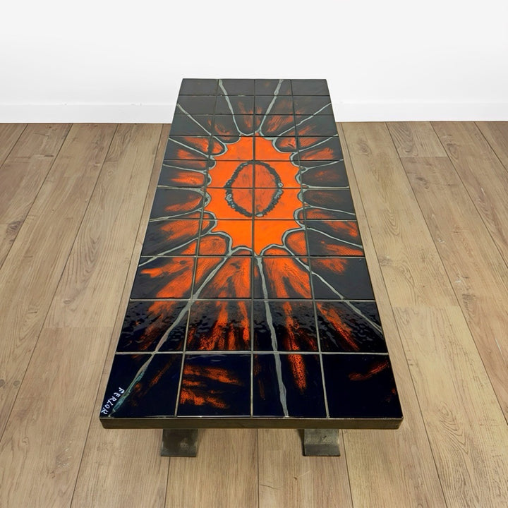 Table basse Ferlor International acier brossé et céramique années 70