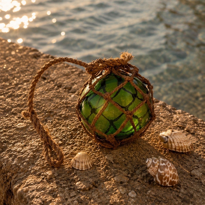 Boule de chalut ancienne corde et verre vert bouteille