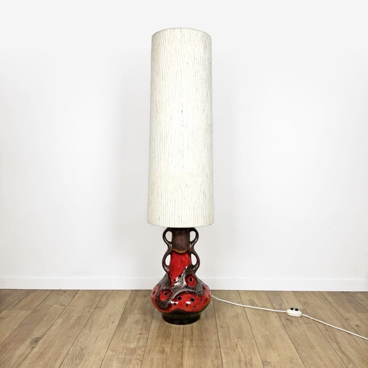 Lampe de sol céramique orange et toile de jute années 70