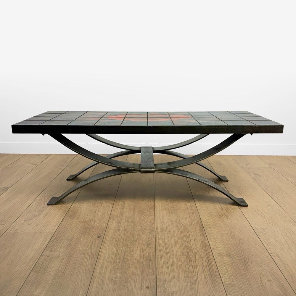 Table basse Ferlor International acier brossé et céramique années 70