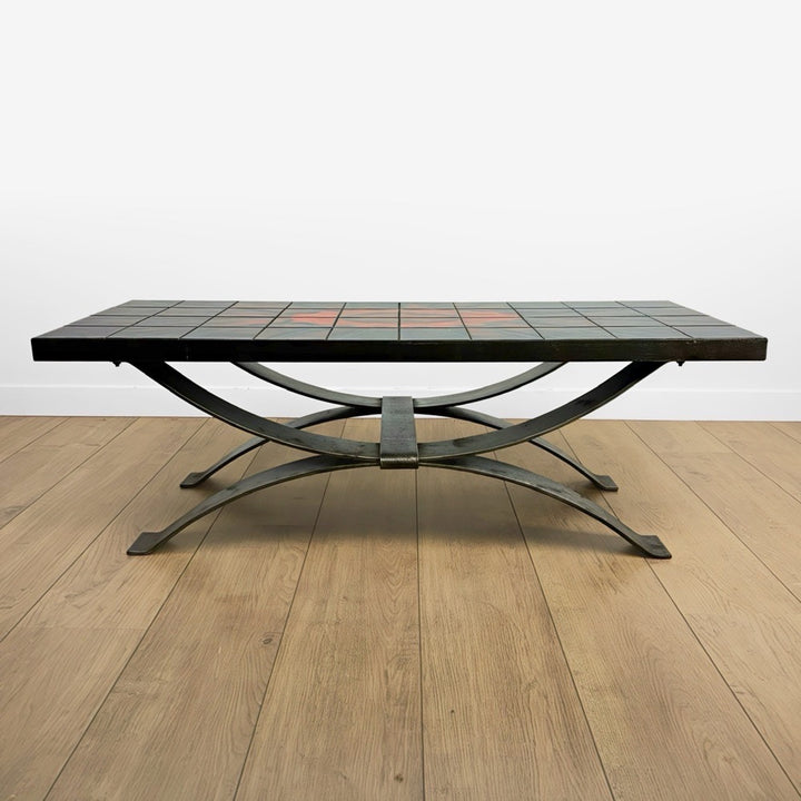 Table basse Ferlor International acier brossé et céramique années 70