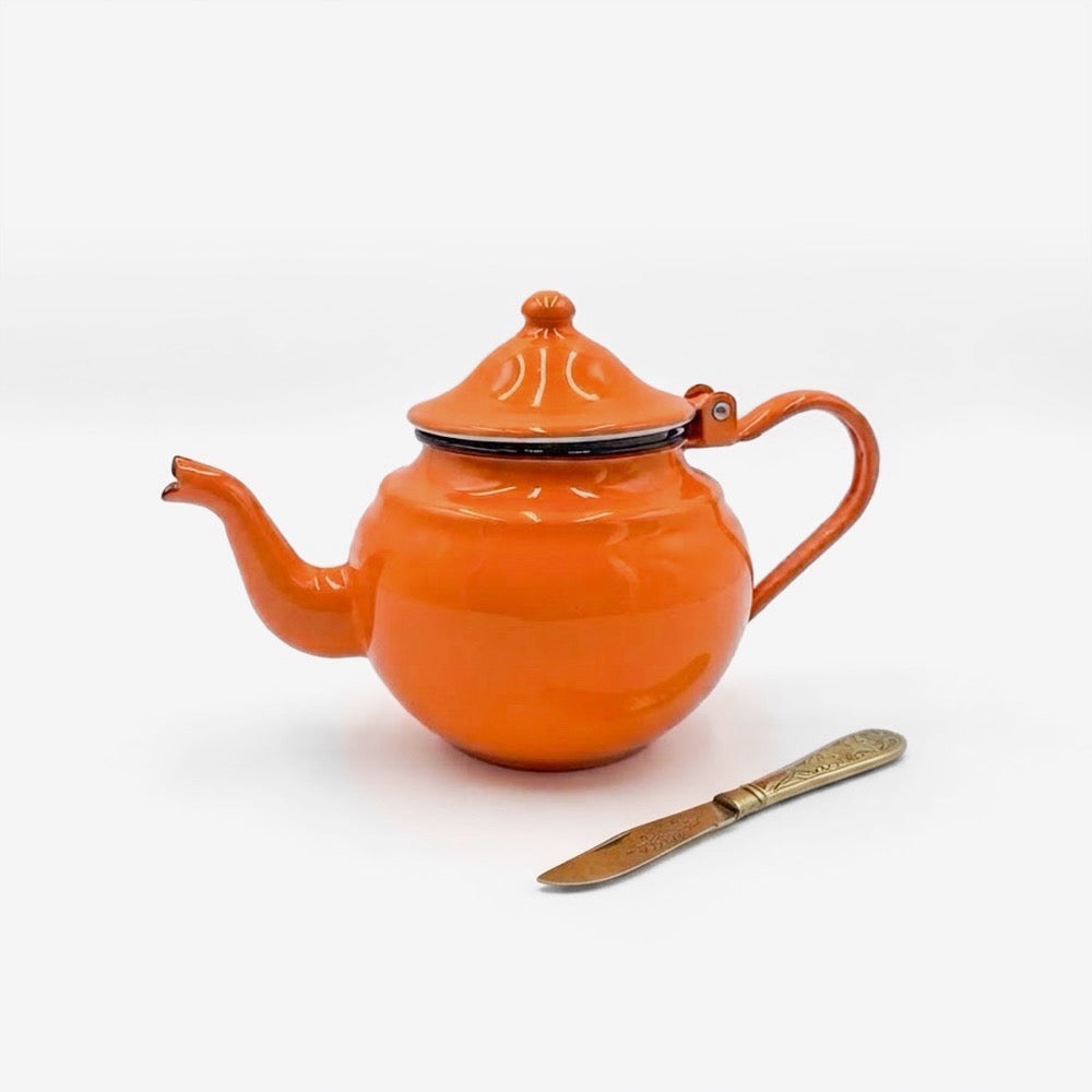 Petite théière Japy en tôle émaillée orange années 70
