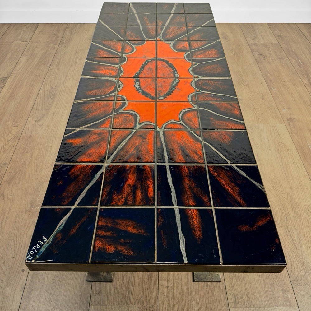 Table basse Ferlor International acier brossé et céramique années 70
