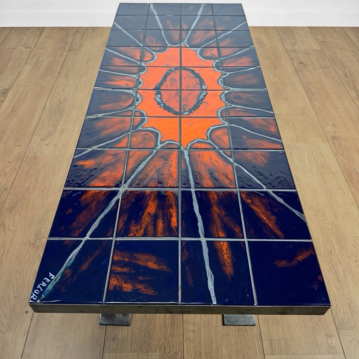 Table basse Ferlor International acier brossé et céramique années 70