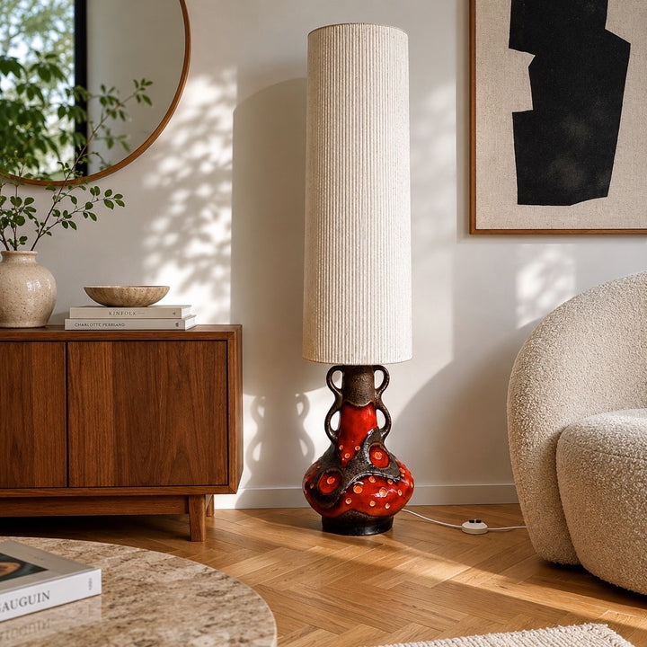 Lampe de sol céramique orange et toile de jute années 70