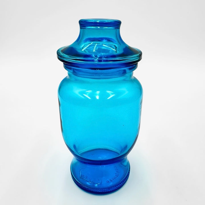 Bocaux publicitaires en verre moulé bleu et vert années 70
