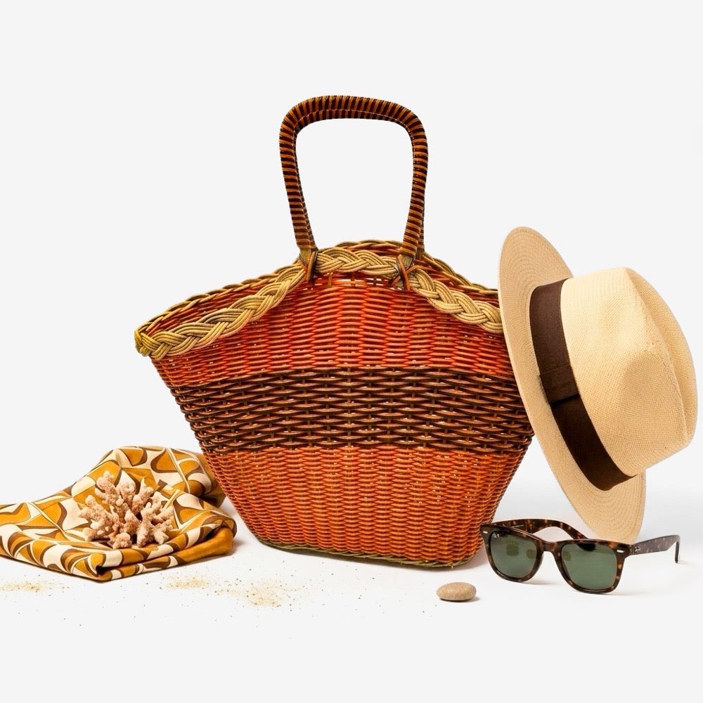 Cabas osier scoubidou orange et noir années 70