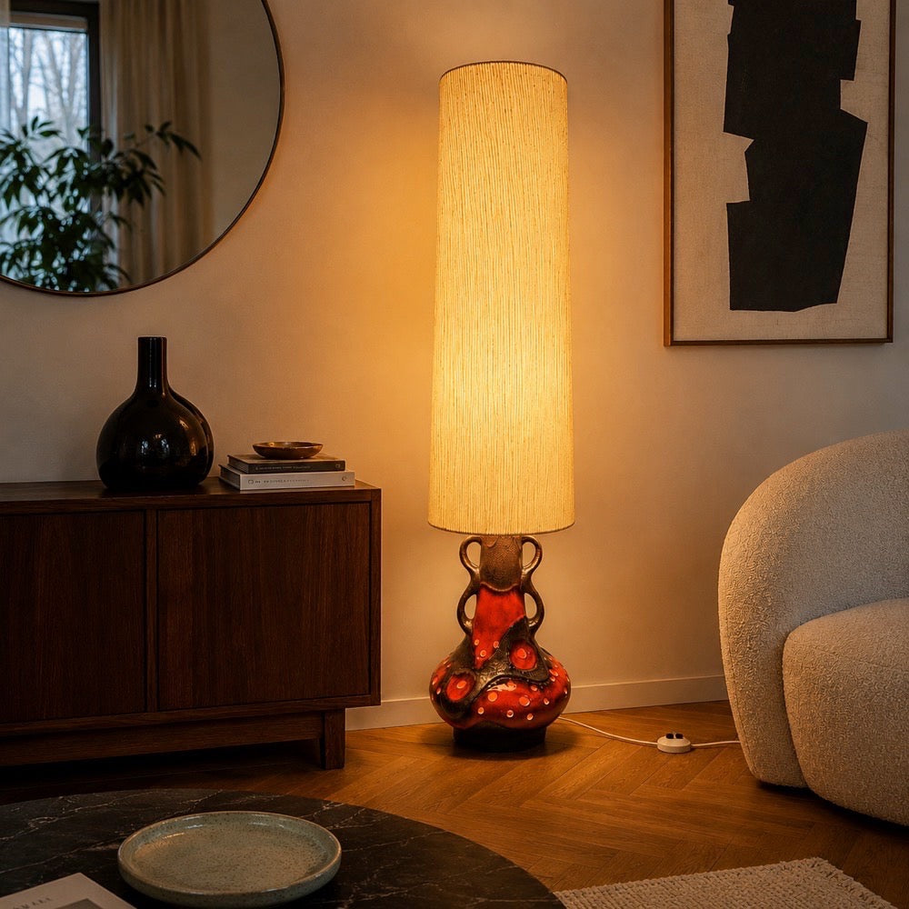 Lampe de sol céramique orange et toile de jute années 70