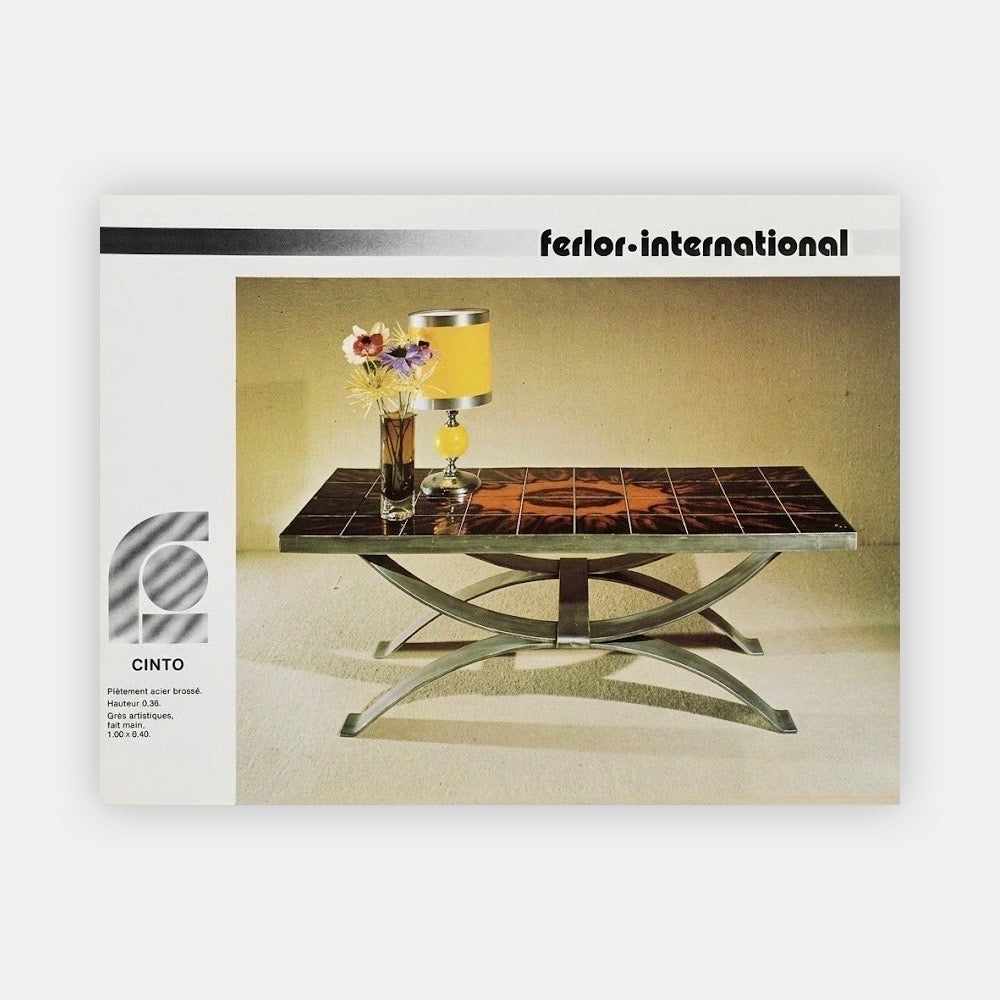 Table basse Ferlor International acier brossé et céramique années 70