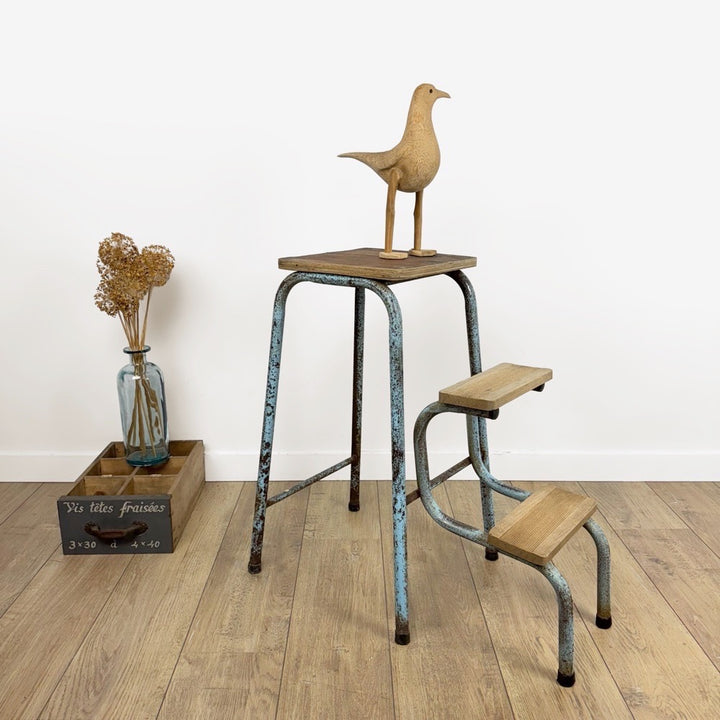 Escabeau 3 marches pliable bois et métal bleu vintage