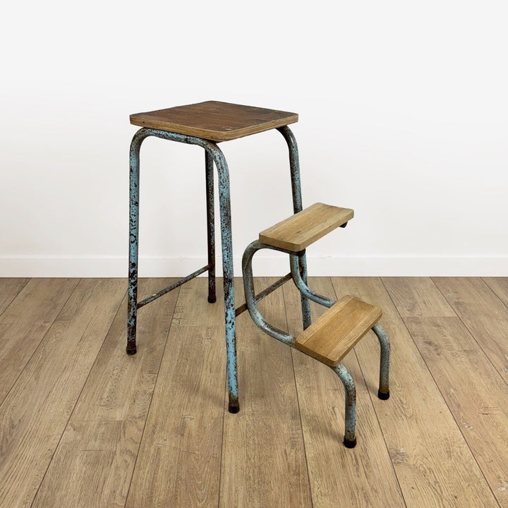 Escabeau 3 marches pliable bois et métal bleu vintage