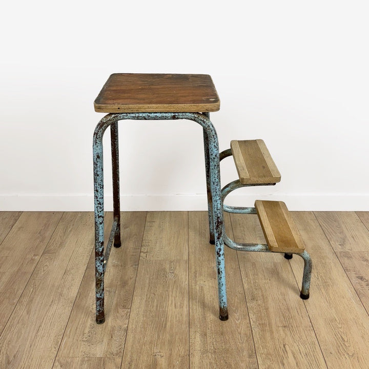 Escabeau 3 marches pliable bois et métal bleu vintage