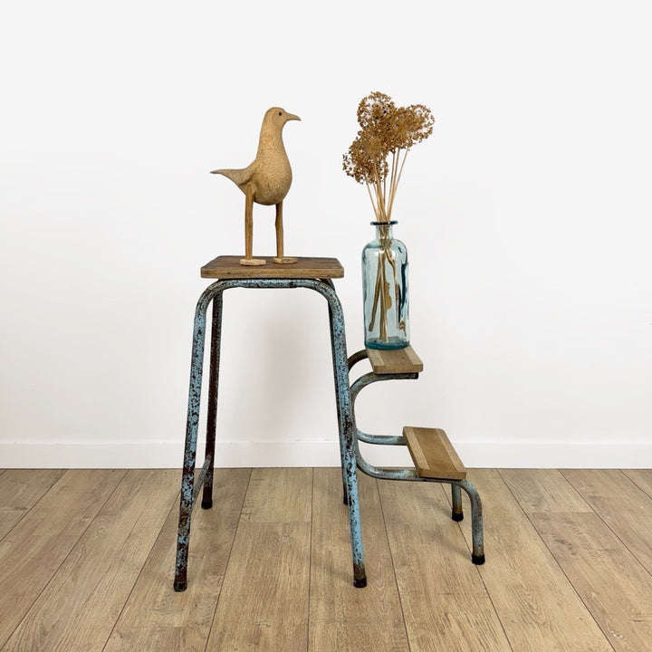 Escabeau 3 marches pliable bois et métal bleu vintage