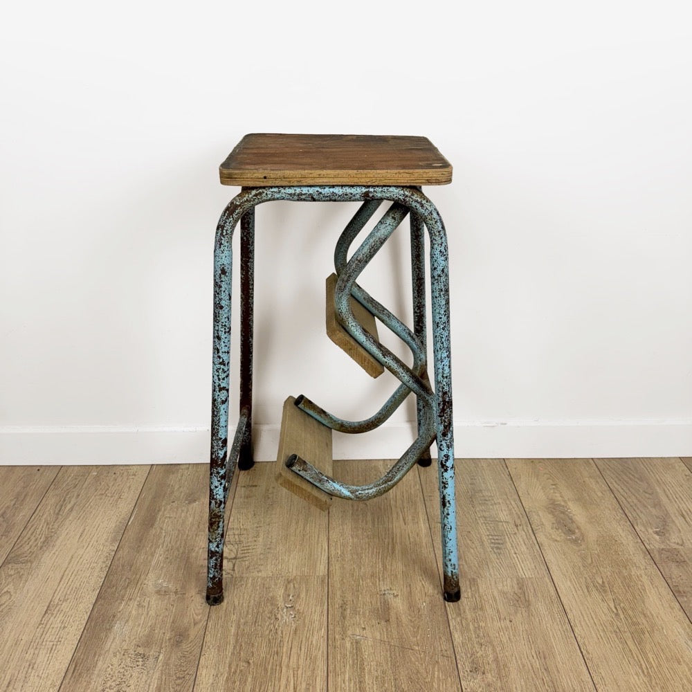 Escabeau 3 marches pliable bois et métal bleu vintage