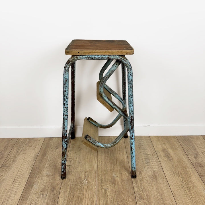 Escabeau 3 marches pliable bois et métal bleu vintage