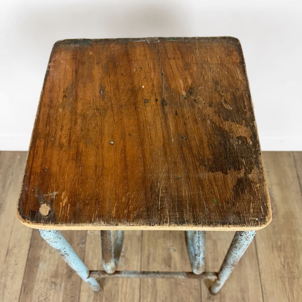 Escabeau 3 marches pliable bois et métal bleu vintage