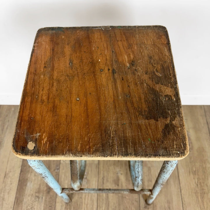 Escabeau 3 marches pliable bois et métal bleu vintage